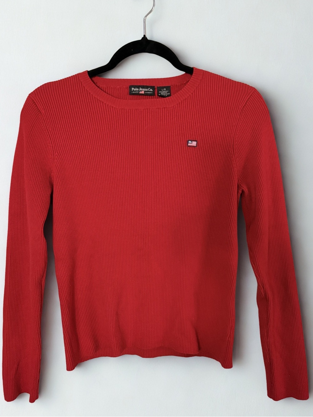 Vintage Polo Jeans Co Ralph Lauren Red Ribbed Knit Sweater w Flag Patch L Y2K